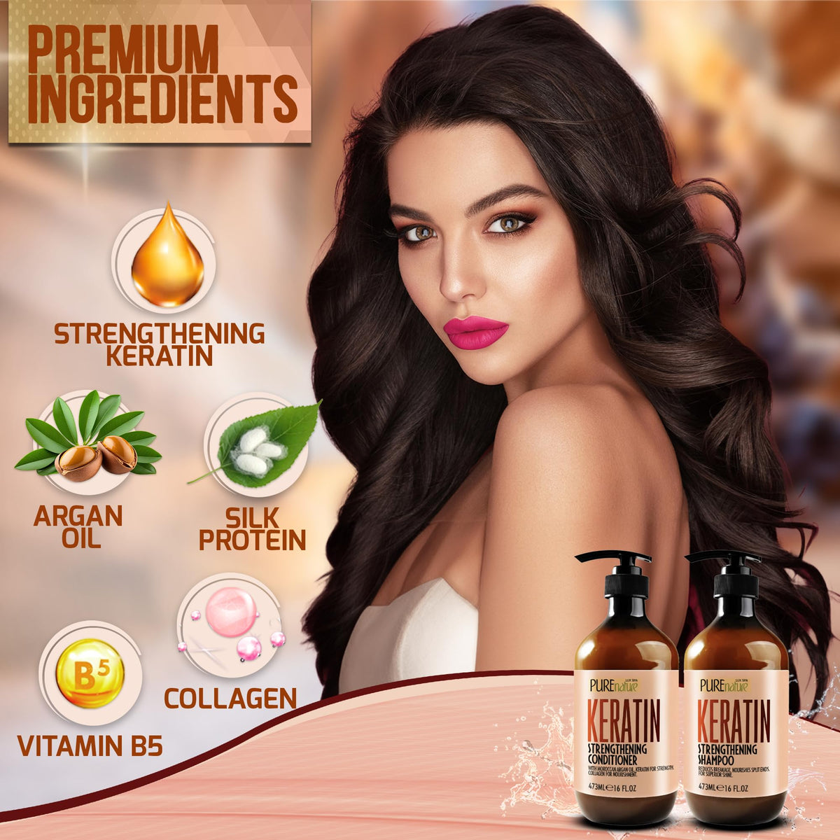 Lifestyle scene with PURE NATURE LUX SPA Keratin Shampoo and Conditioner