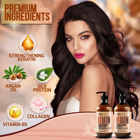 Lifestyle scene with PURE NATURE LUX SPA Keratin Shampoo and Conditioner