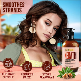 Lifestyle scene with PURE NATURE LUX SPA Keratin Shampoo in a bathroom