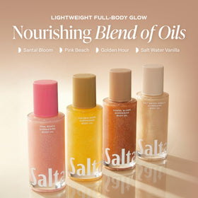 Lifestyle scene with Saltair Shimmering Body Oil on a bathroom counter