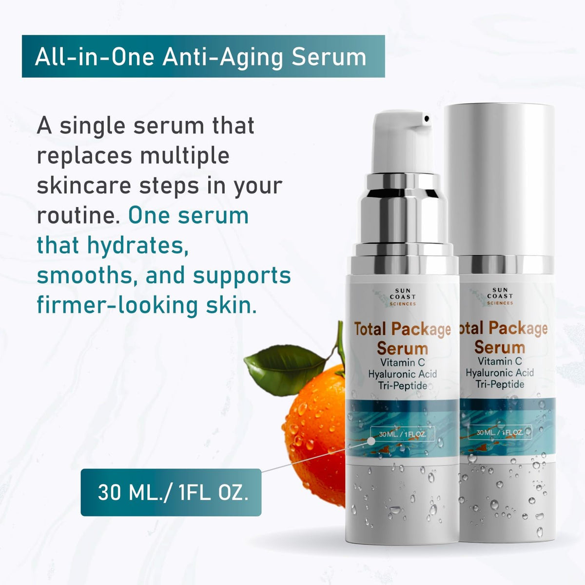 Lifestyle scene with SUN COAST SCIENCES Total Package Serum on a vanity