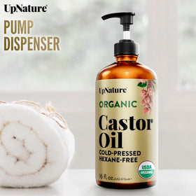 Lifestyle scene with UpNature castor oil on vanity