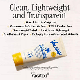 Lifestyle scene with VACATION Classic SPF 50 Sunscreen Lotion at the beach
