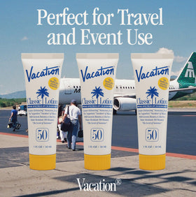 Lifestyle scene with VACATION Mini Classic SPF 50 Sunscreen Lotion on beach