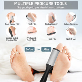 Lifestyle shot of AdamPark Electric Callus Remover kit on a bathroom counter