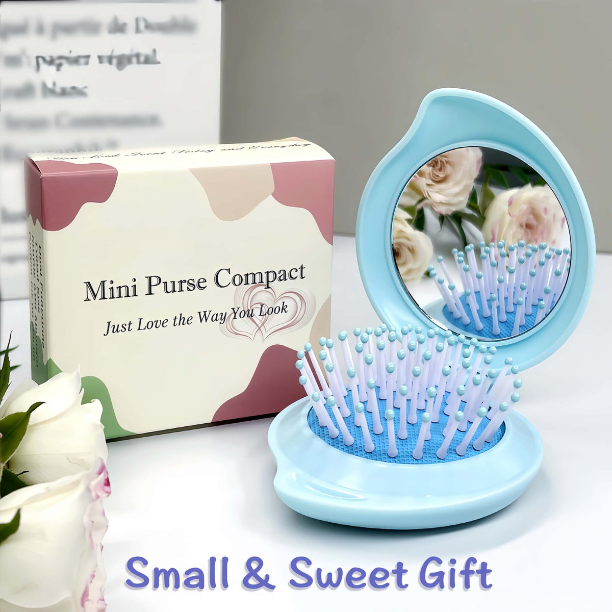Lifestyle shot of Arthaxi Mini Hair Brush with Mirror Combo in purse