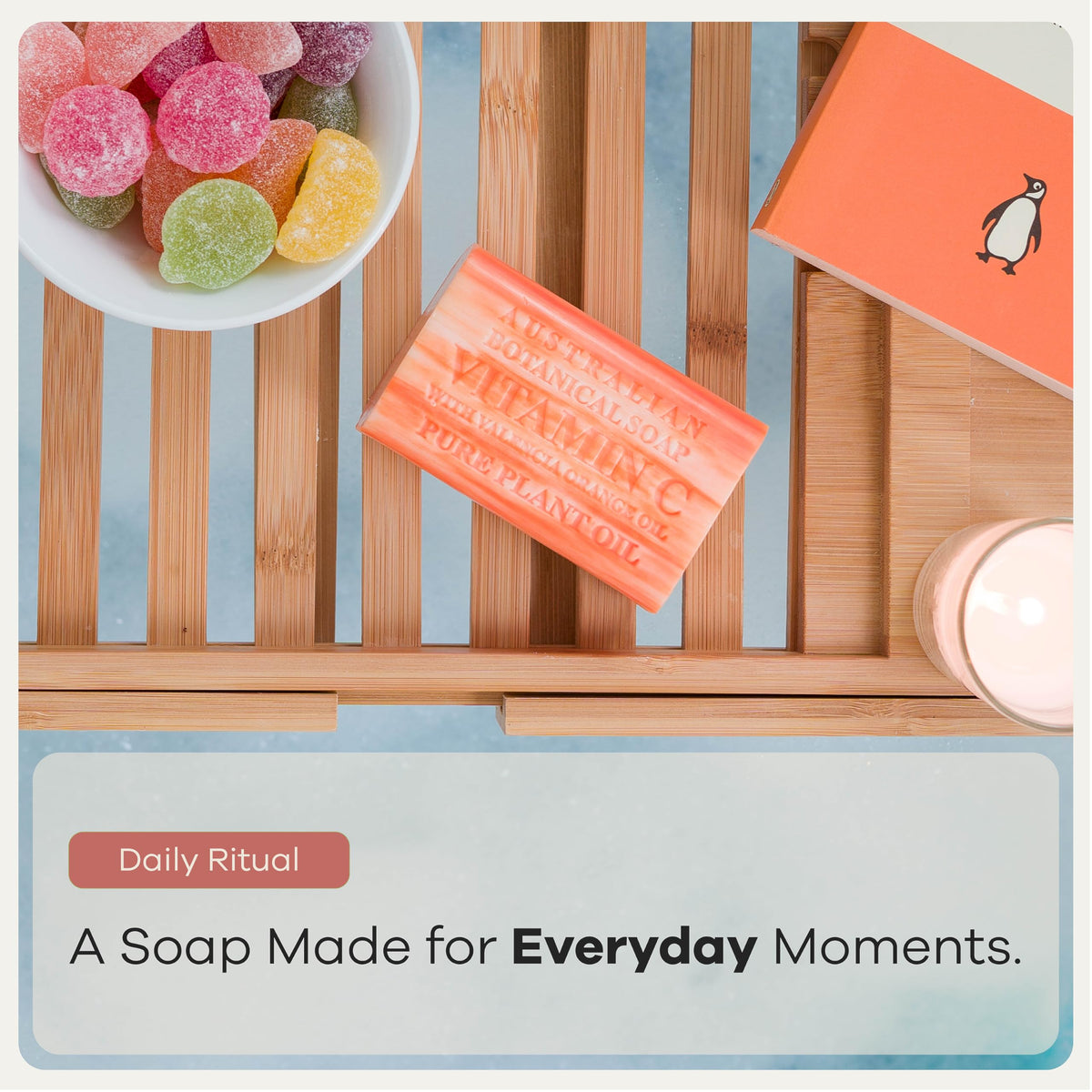 Lifestyle shot of Australian Botanical Soap bars in a bathroom setting
