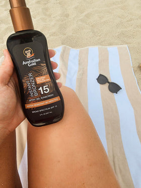 Lifestyle shot of Australian Gold SPF 15 Spray Gel Sunscreen in outdoor setting