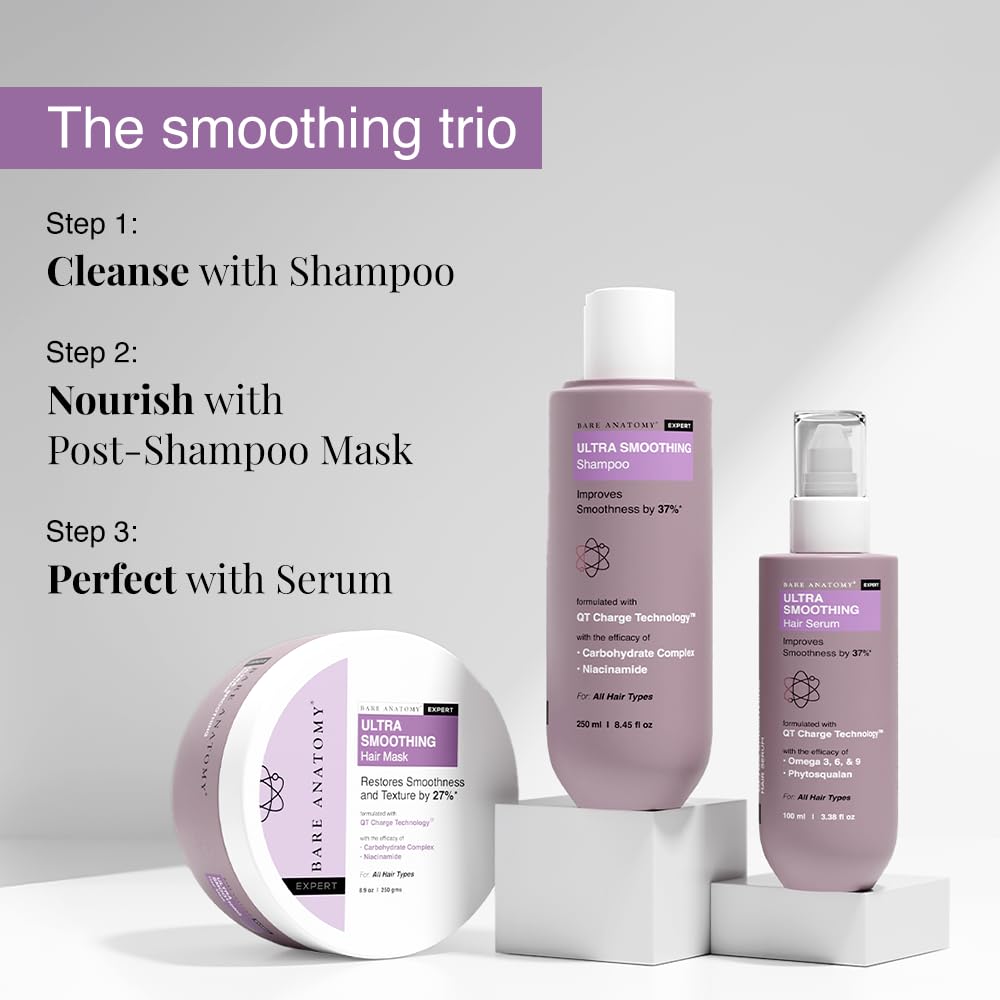Lifestyle shot of Bare Anatomy Ultra Smoothing Hair Serum in bathroom