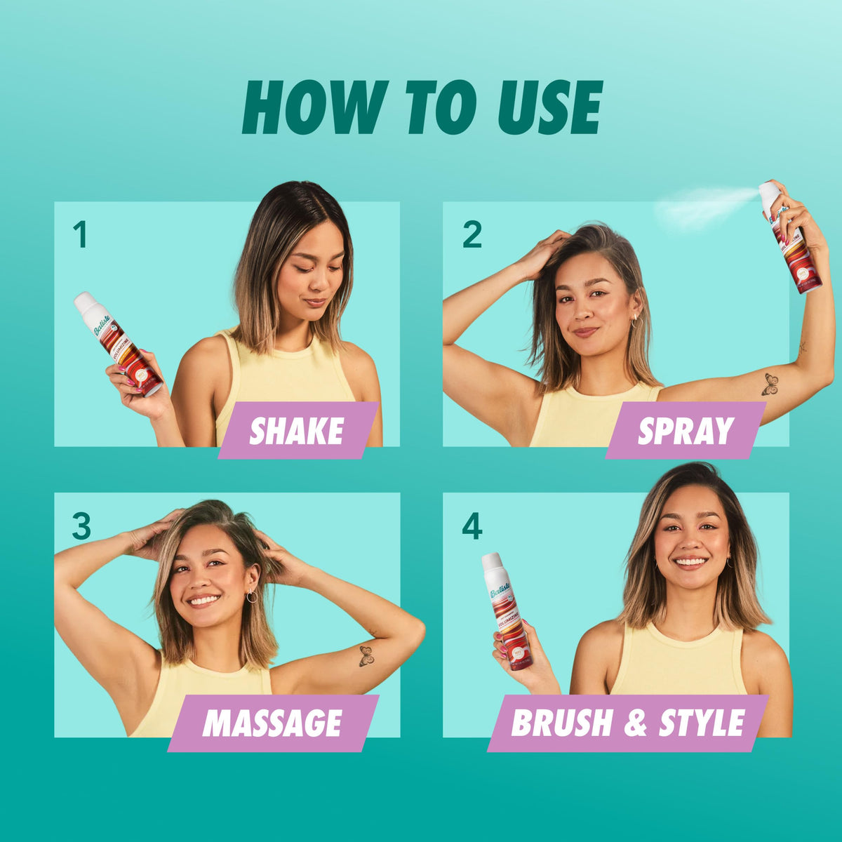Lifestyle shot of Batiste Dry Shampoo in use