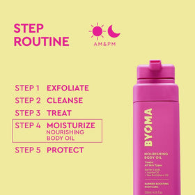 Lifestyle shot of BYOMA Nourishing Body Oil in bathroom