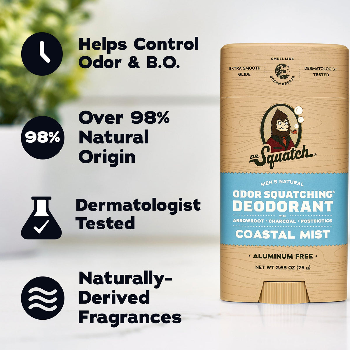Lifestyle shot of Dr. Squatch deodorant in bathroom setting