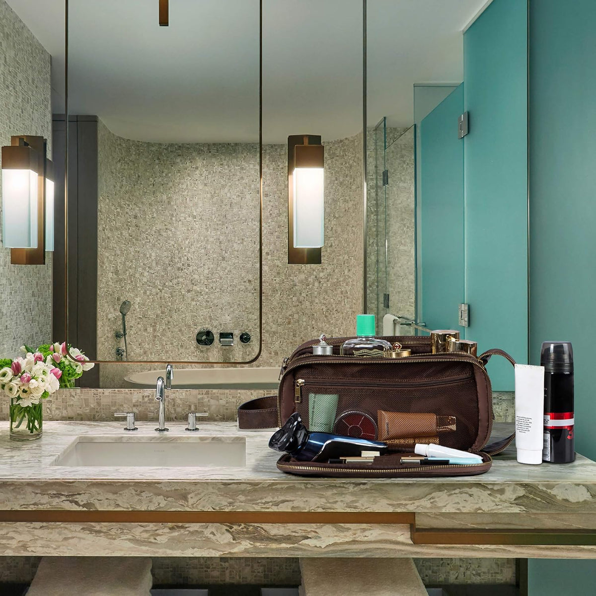 Lifestyle shot of Elviros Toiletry Bag in use during travel