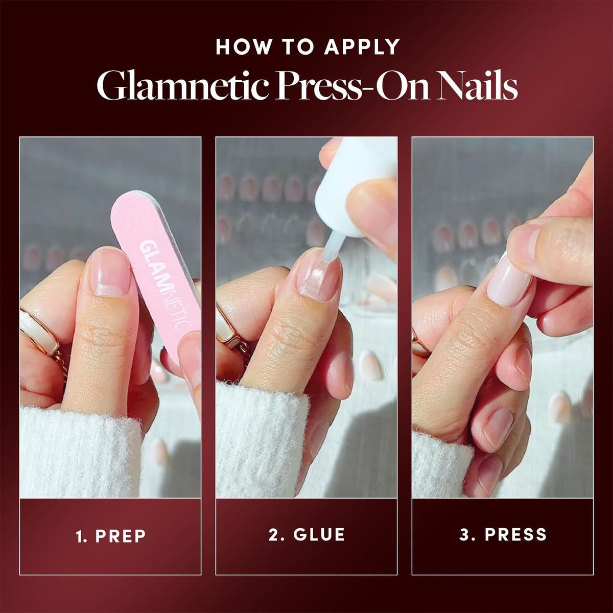 Lifestyle shot of Glamnetic Unicorn Blood Press On Nails on hands