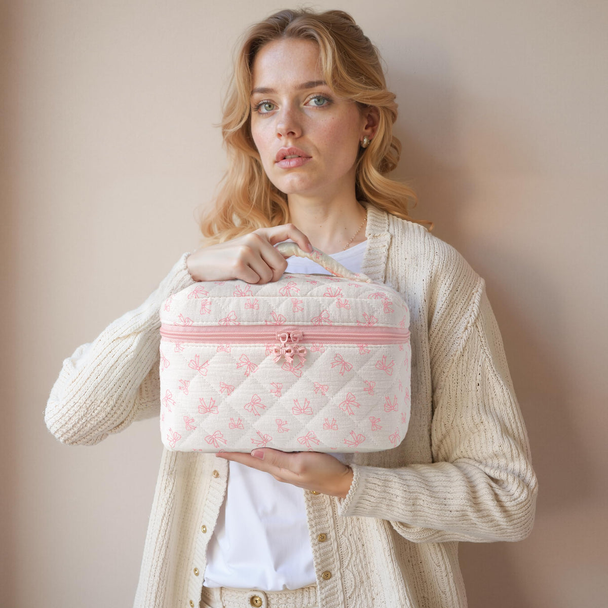 Lifestyle shot of HBselect makeup bags in a travel setting