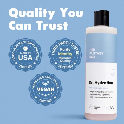 Lifestyle shot of Her Fantasy Box body wash on a bathroom shelf