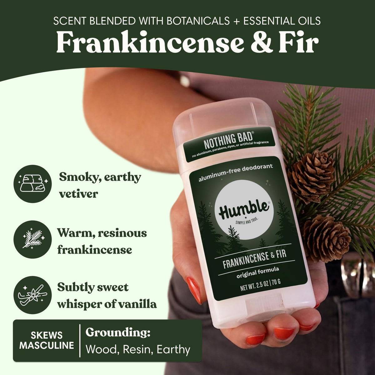 Lifestyle shot of HUMBLE deodorant on bathroom shelf