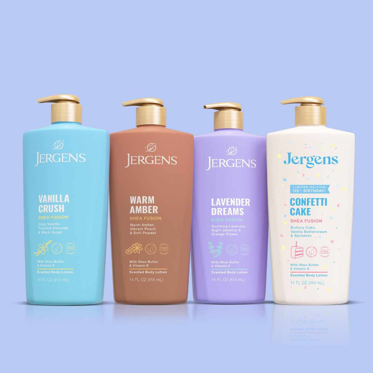 Lifestyle shot of Jergens Shea Fusion Confetti Cake Body Lotion on a bathroom counter