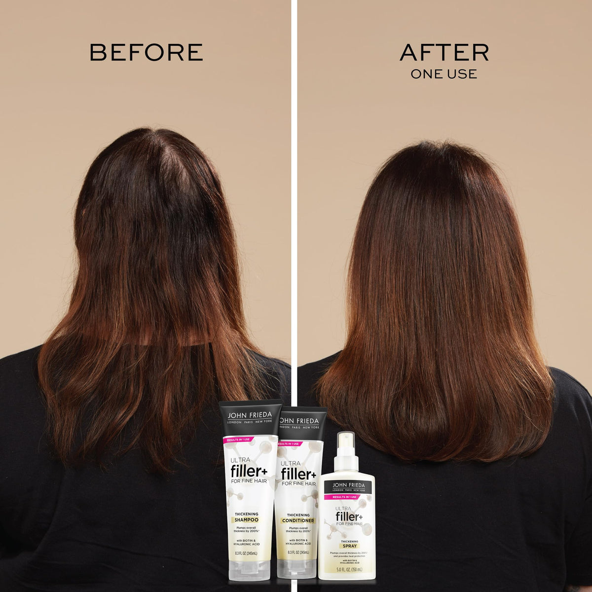 Lifestyle shot of John Frieda ULTRAfiller+ Thickening Shampoo in bathroom