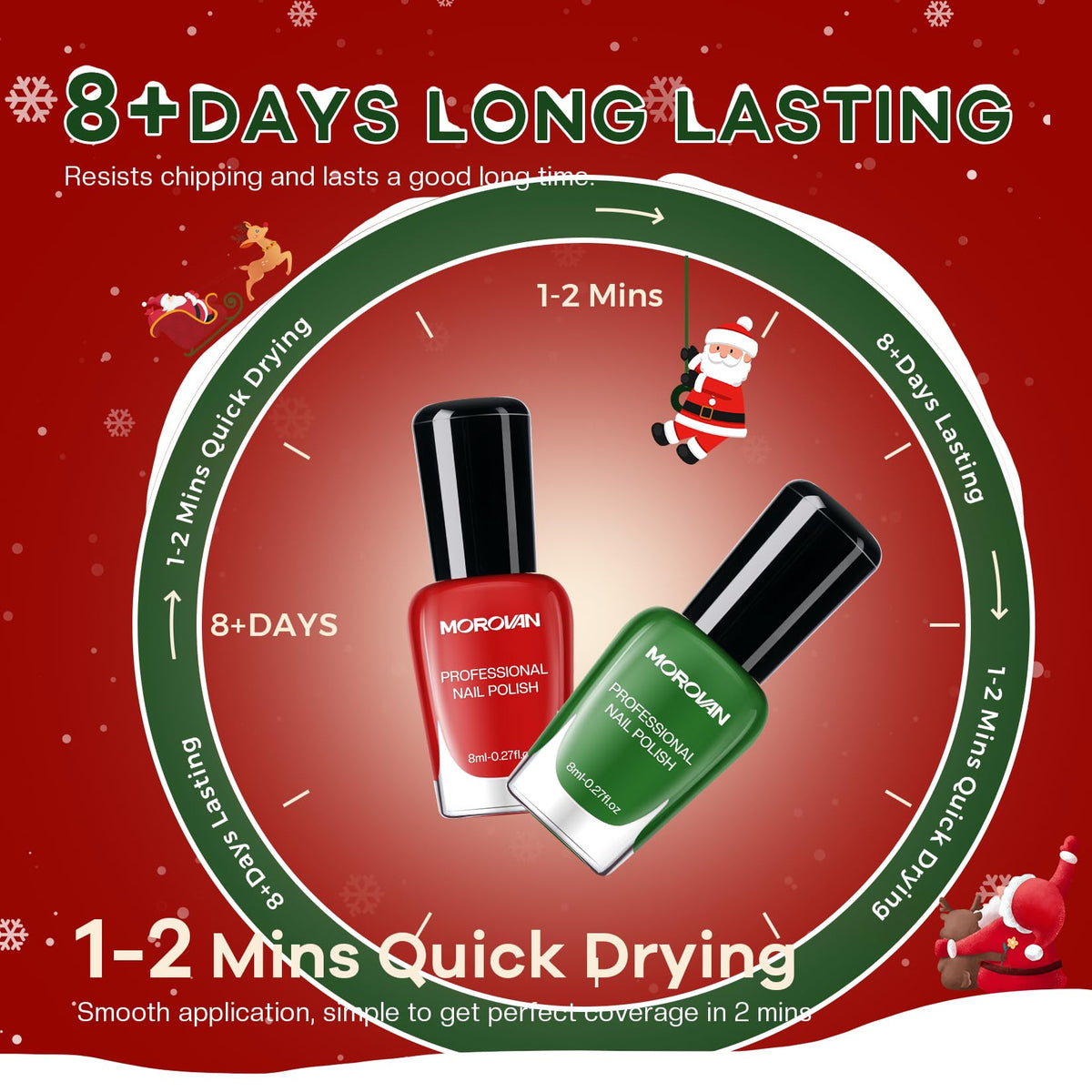 Lifestyle shot of manicured nails using Morovan Christmas nail polish
