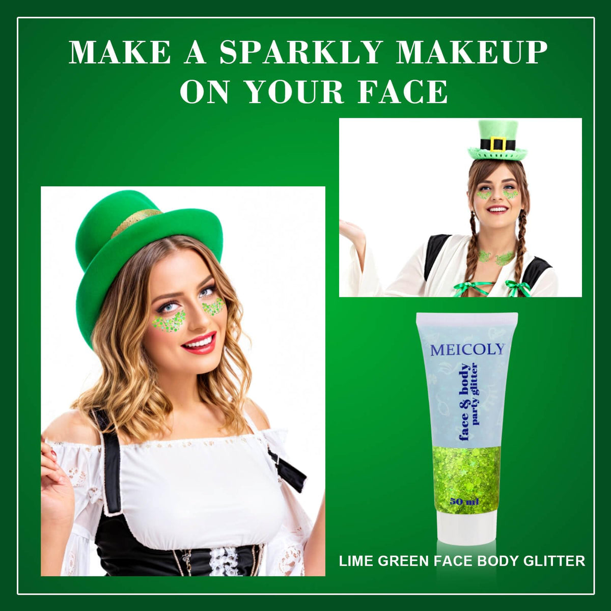 Lifestyle shot of MEICOLY Lime Green Body Glitter applied on skin