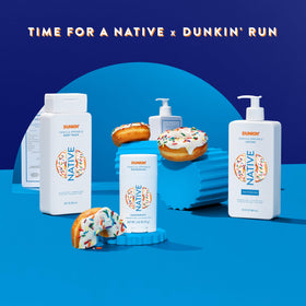 Lifestyle shot of Native Dunkin Vanilla Sprinkle Body Wash in a bathroom setting