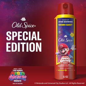 Lifestyle shot of Old Spice Cosmic Quest Deodorant Body Spray on a bathroom shelf