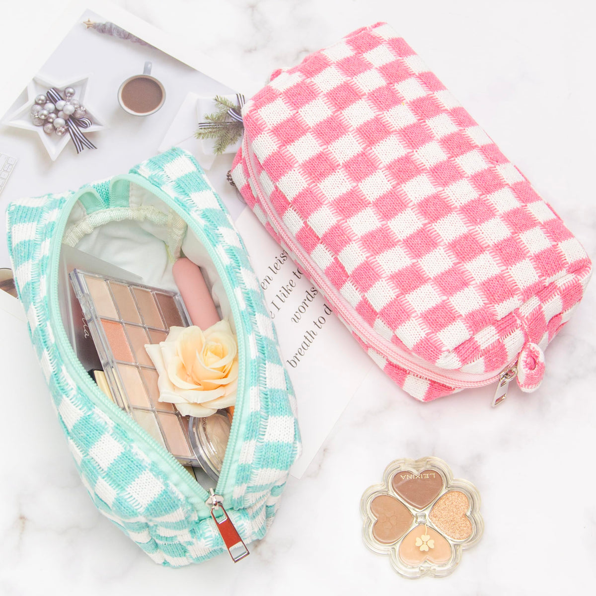 Lifestyle shot of PAZIMIIK Checkered Makeup Bag in use