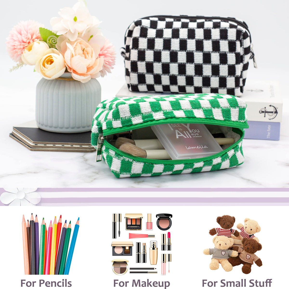 Lifestyle shot of PAZIMIIK Checkered Makeup Bag on a vanity