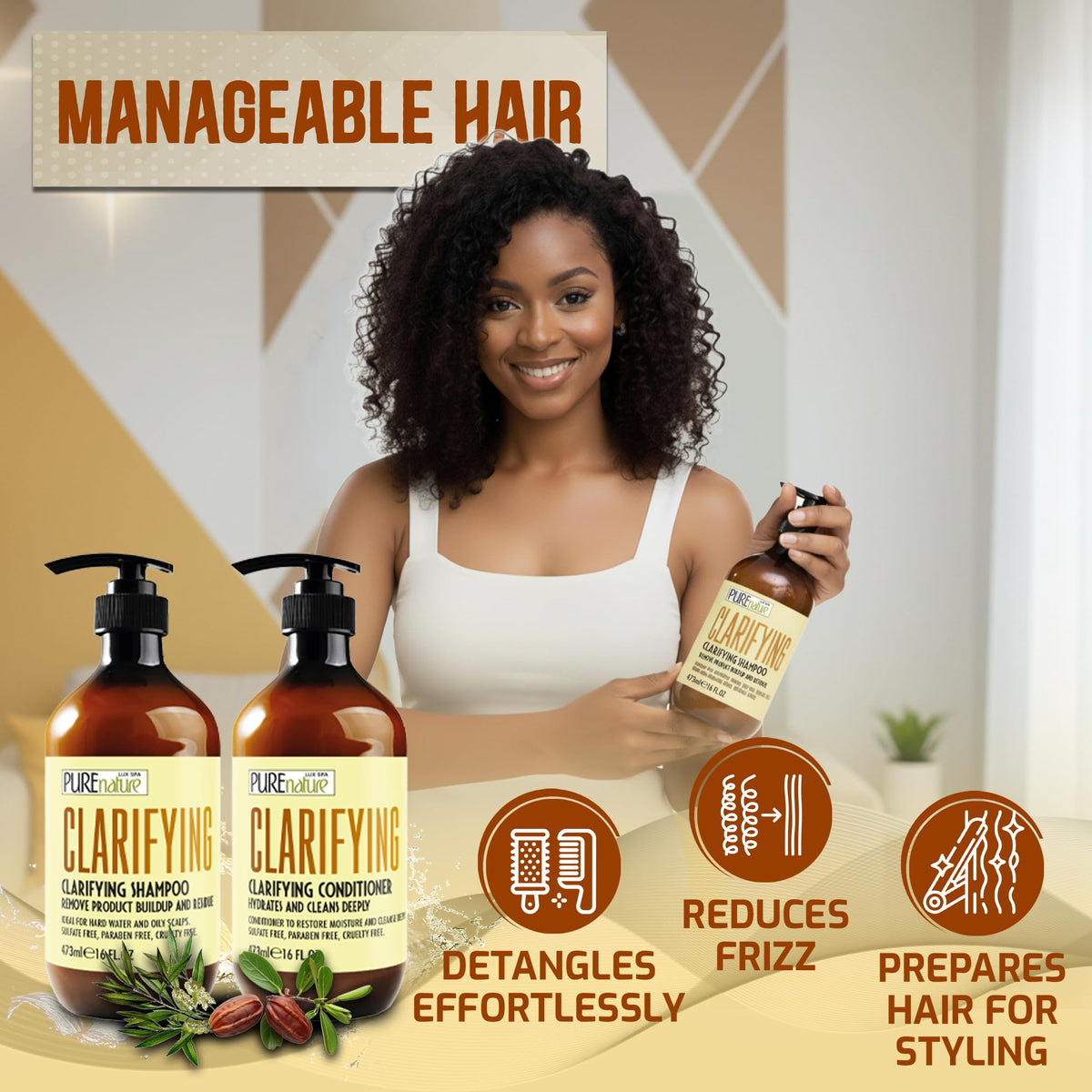 Lifestyle shot of PURE NATURE LUX SPA shampoo and conditioner in use