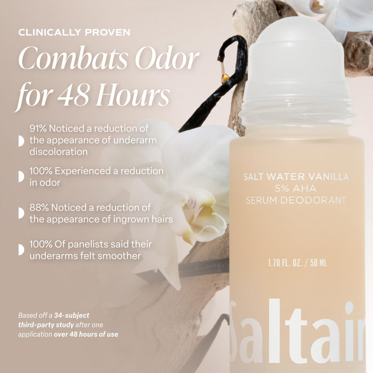 Lifestyle shot of Saltair Serum Deodorant on a bathroom counter