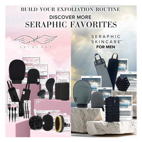 Lifestyle shot of SERAPHIC SKINCARE Pink Premium Exfoliating Mitt on a bathroom shelf