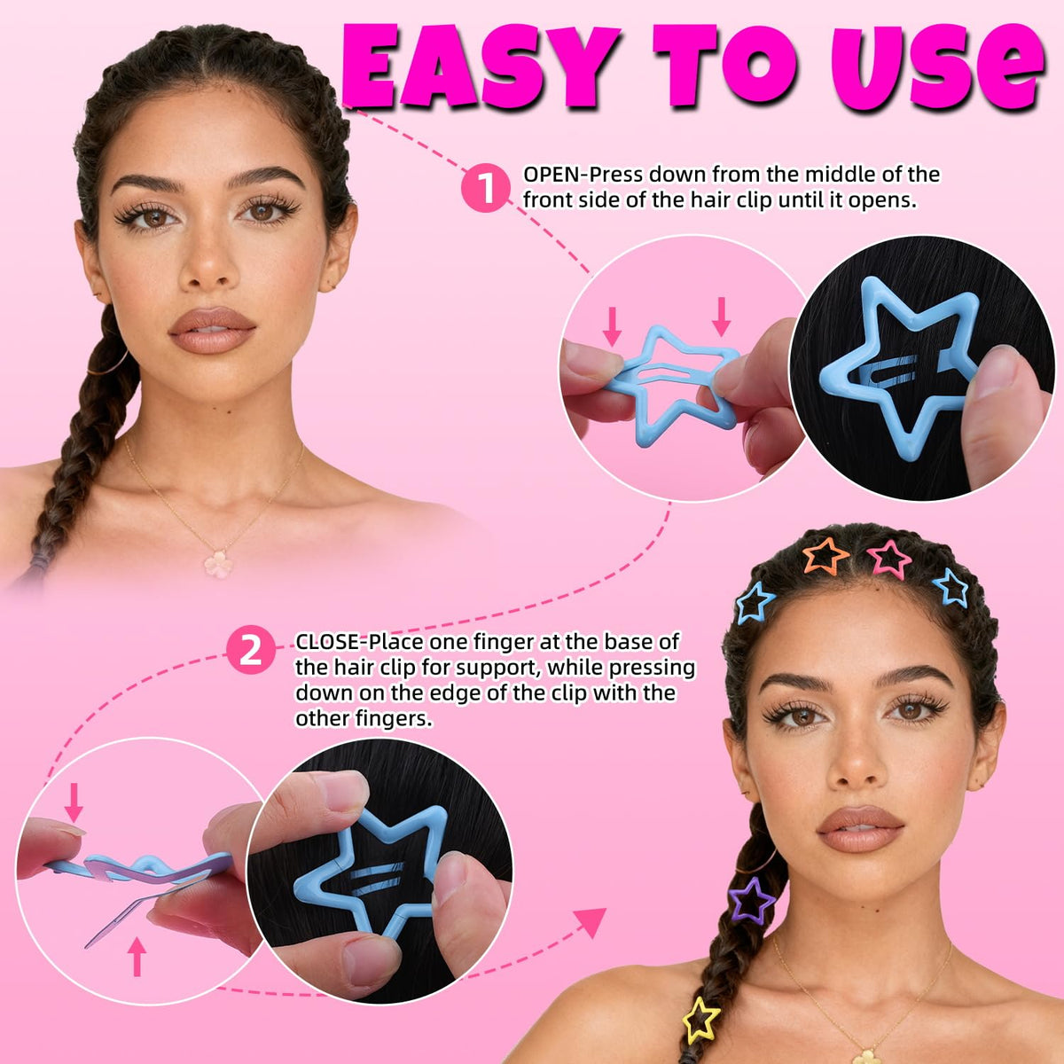 Lifestyle shot of TINKRSTUFF star hair clips in use