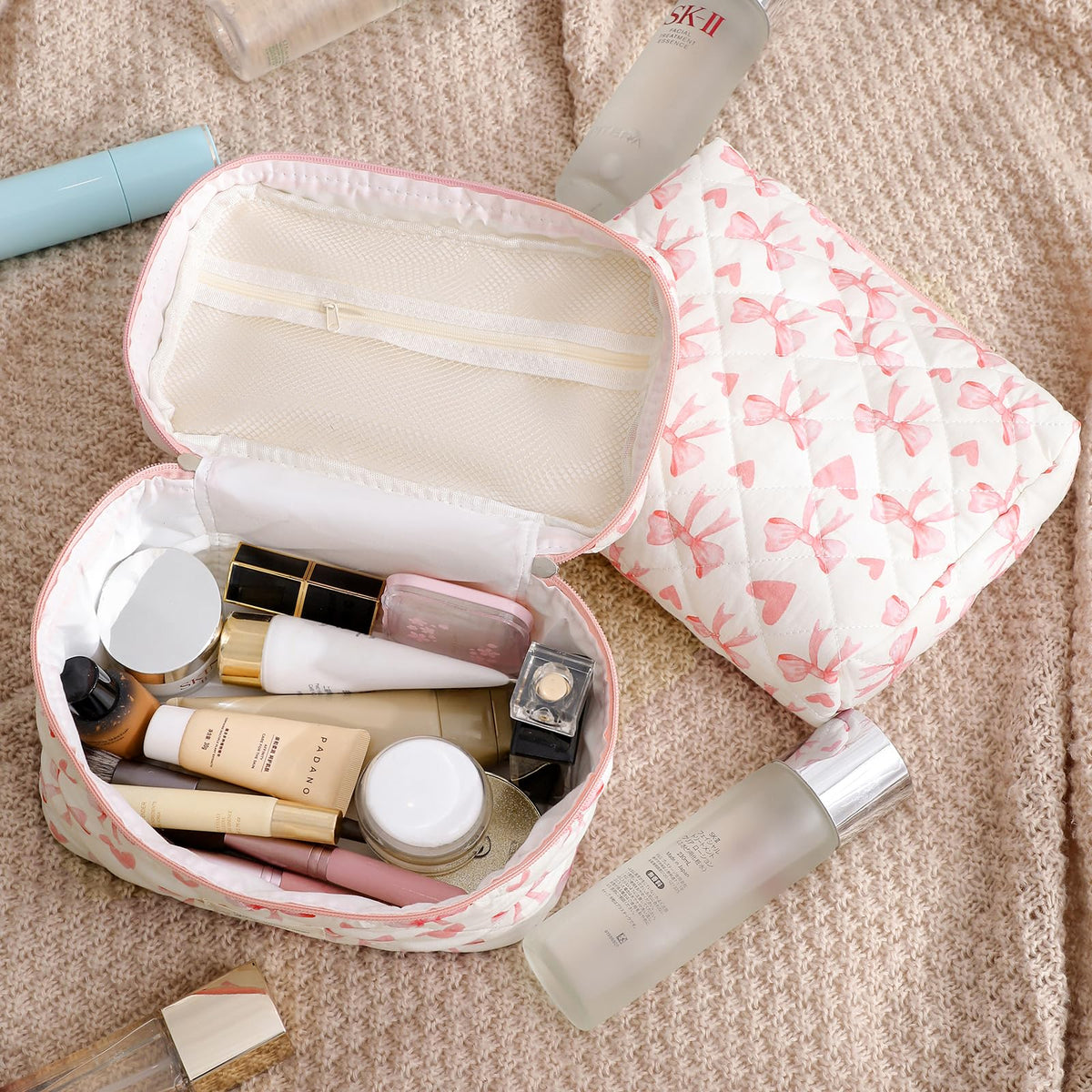 Lifestyle shot of uekeboag Floral Cotton Makeup Bag on a vanity