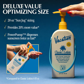 Lifestyle shot of VACATION Classic SPF 50 Sunscreen Lotion by the pool