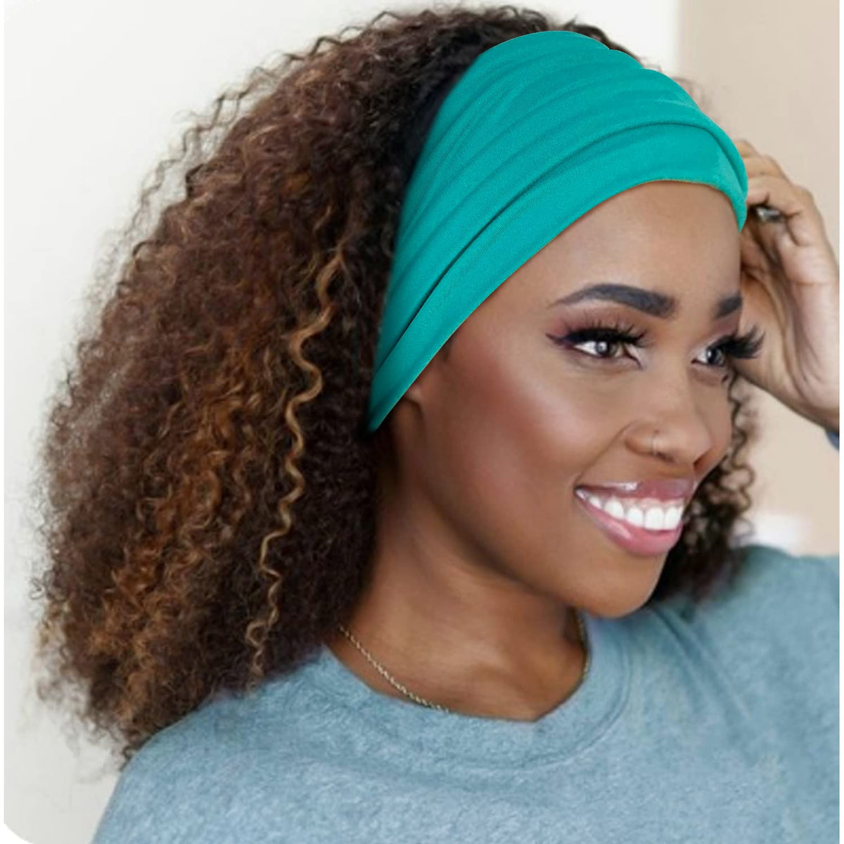 Lifestyle shot of woman wearing Jesries Extra Wide Turban Headband