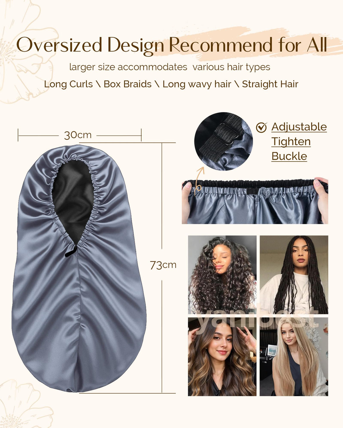 Lifestyle shot of YANIBEST Satin Sleep Bonnet worn by a woman