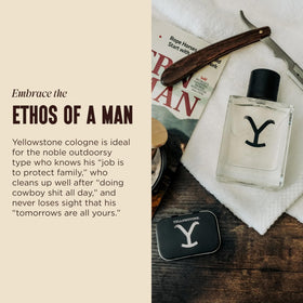 Lifestyle shot of Yellowstone cologne on a wooden table