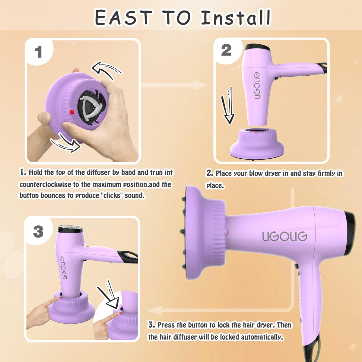 LIGOLIG Hair Diffuser Attachment demonstrating curl definition