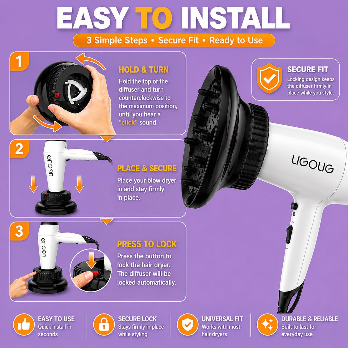 LIGOLIG Hair Diffuser Attachment in a travel bag
