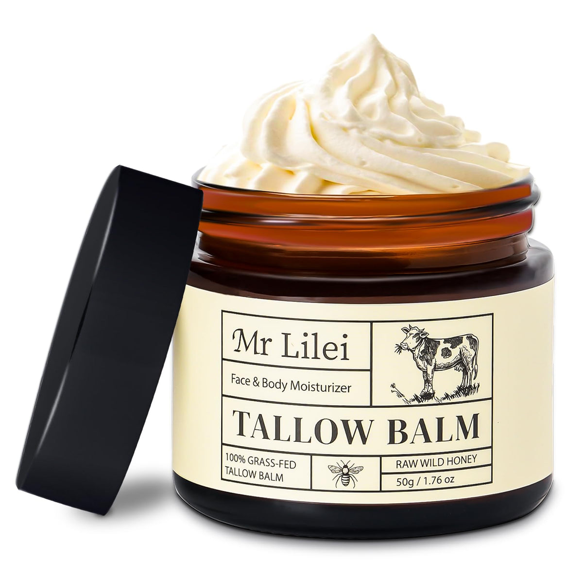 Lilei Beauty Beef Tallow Balm front view, 50g packaging