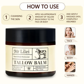 Lilei Beauty Beef Tallow Balm with ingredients displayed