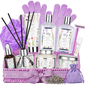 LILY ROY 15Pcs Spa Bath Gift Set in woven basket with lavender lilac products