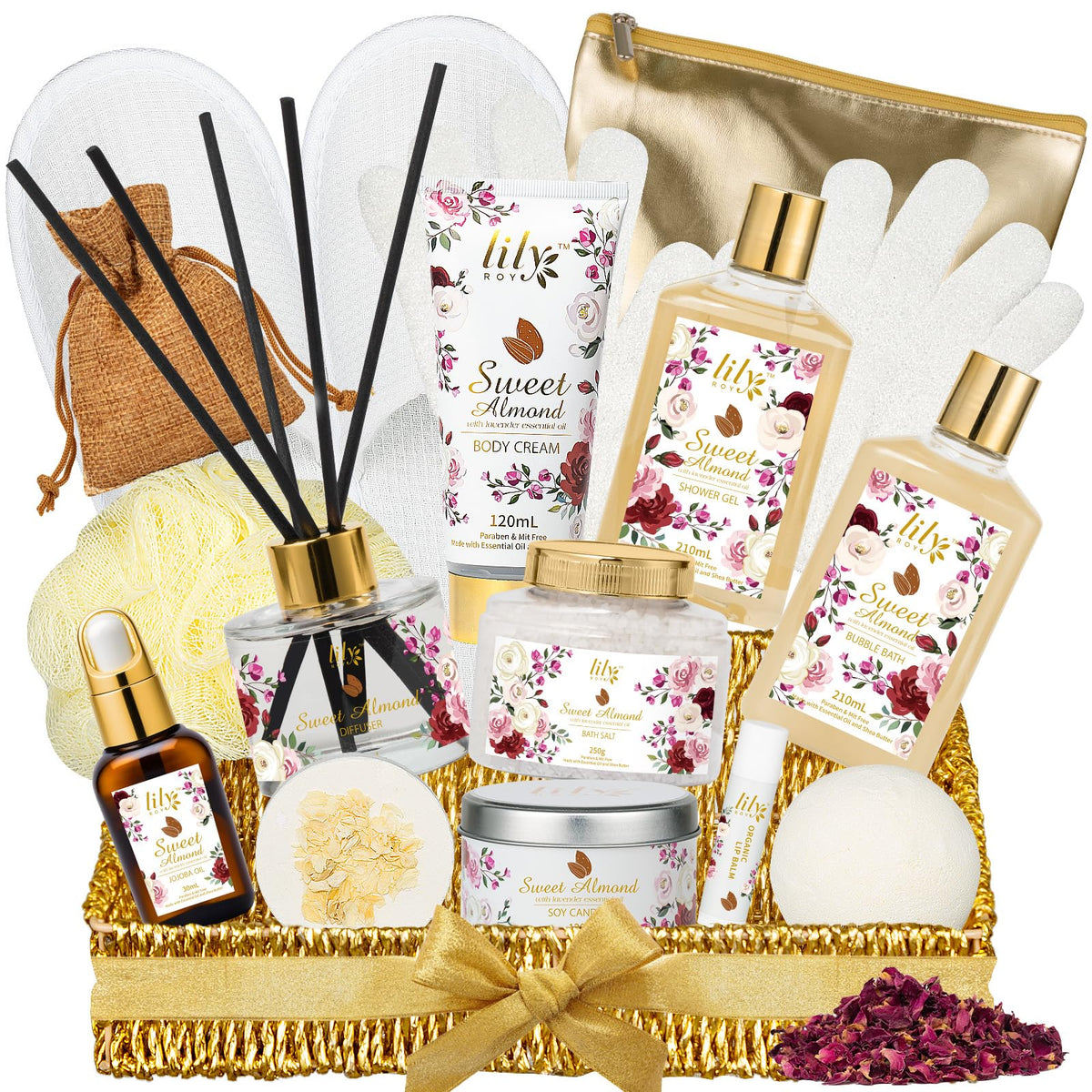 LILY ROY 17-piece spa gift set in woven basket with honey almond products