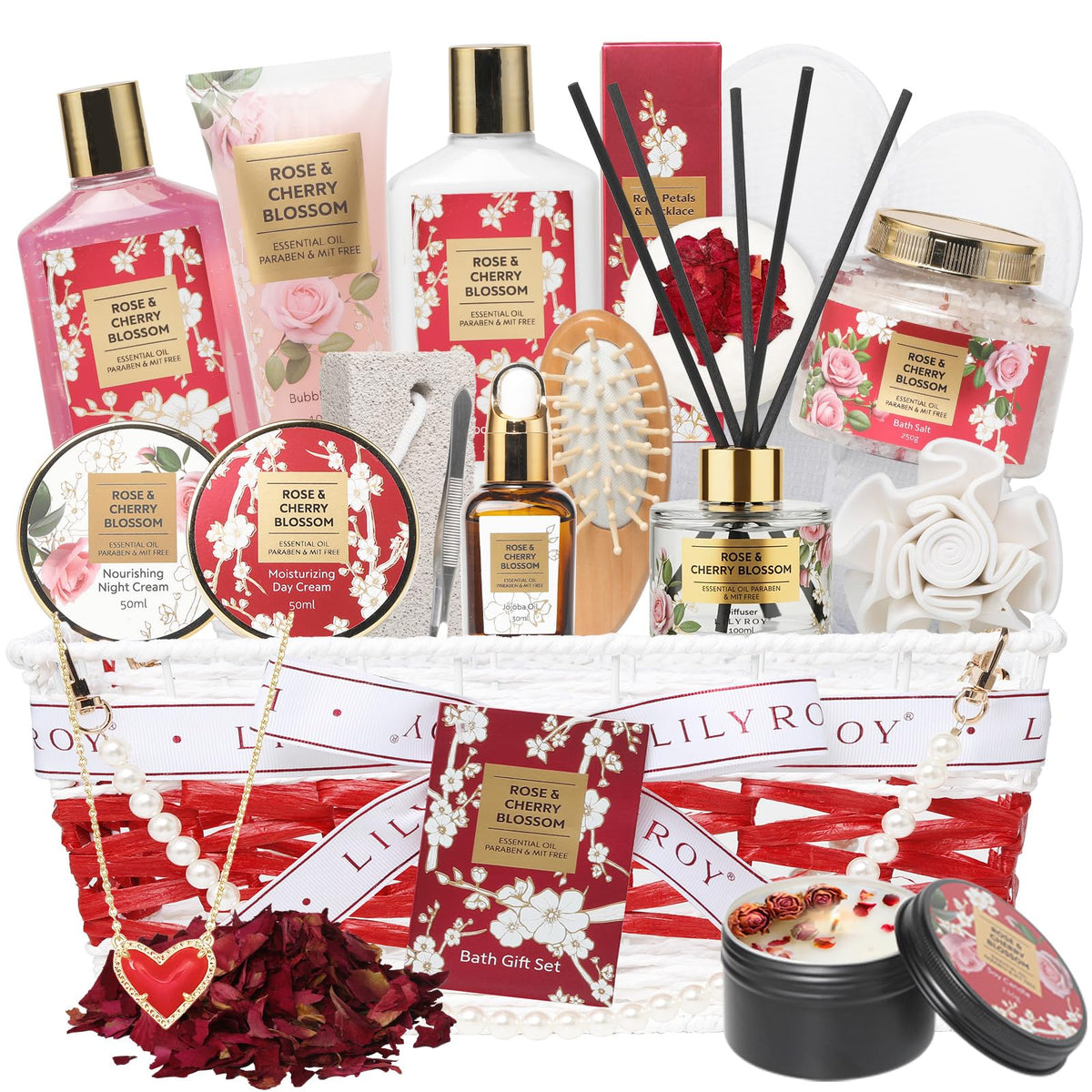 LILY ROY 21-piece spa gift set in a woven basket with products displayed