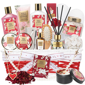 LILY ROY 21-piece spa gift set in a woven basket with products displayed