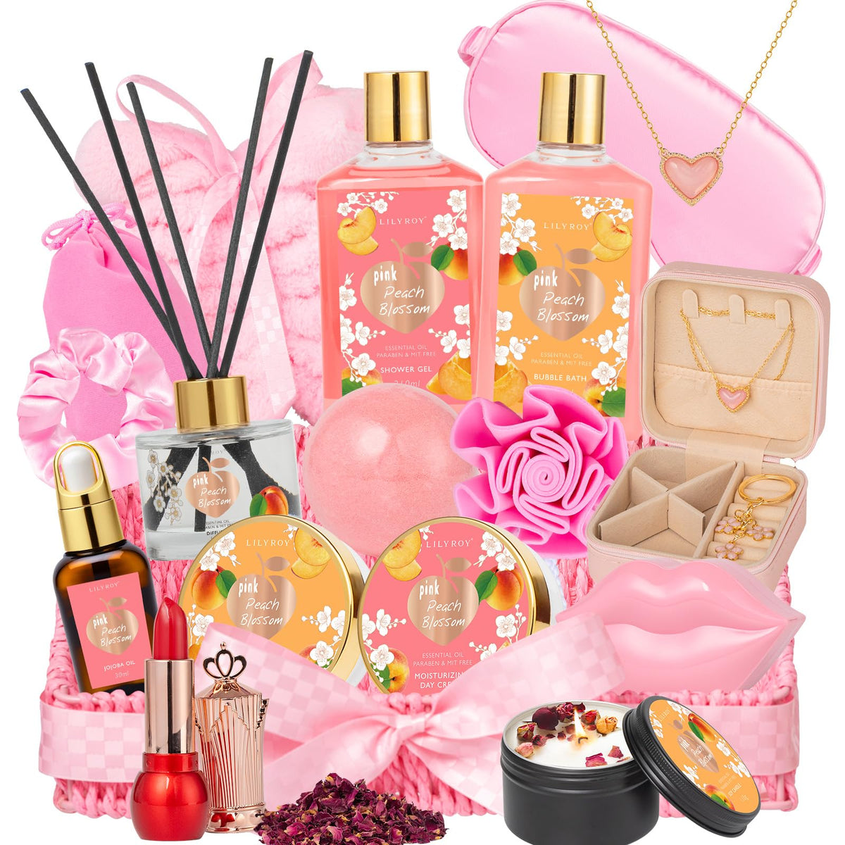 LILY ROY 23-piece spa gift set arranged in a woven basket