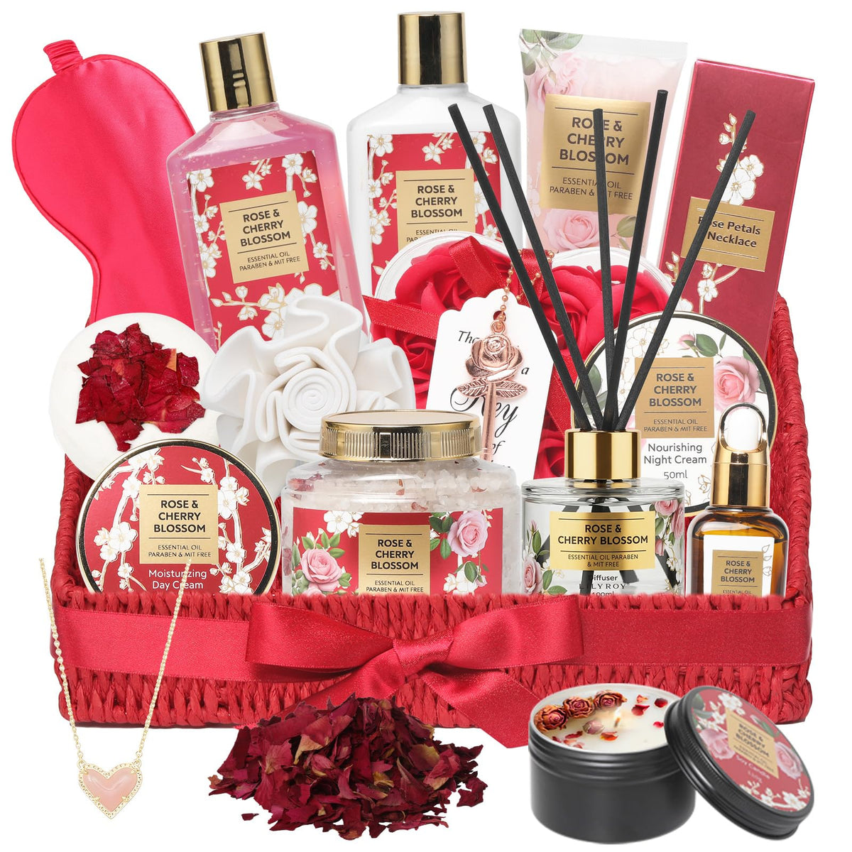 LILY ROY 25Pcs Spa Gift Set in woven basket with rose and cherry blossom products