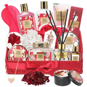 LILY ROY 25Pcs Spa Gift Set in woven basket with rose and cherry blossom products