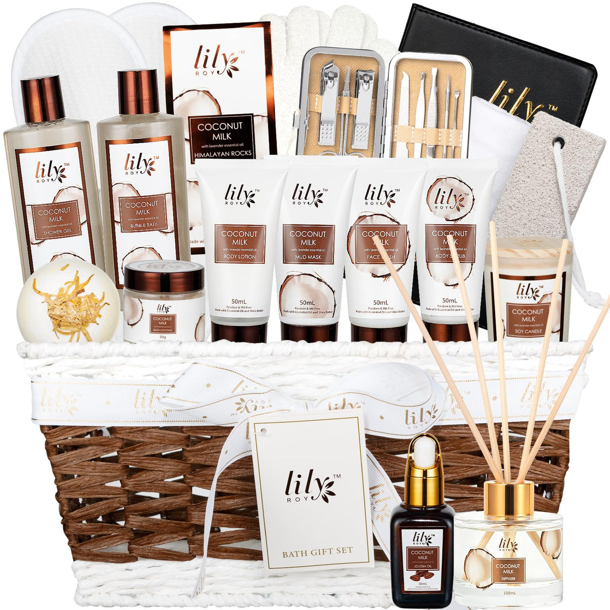LILY ROY 28Pcs Coconut Vanilla Spa Gift Basket front view